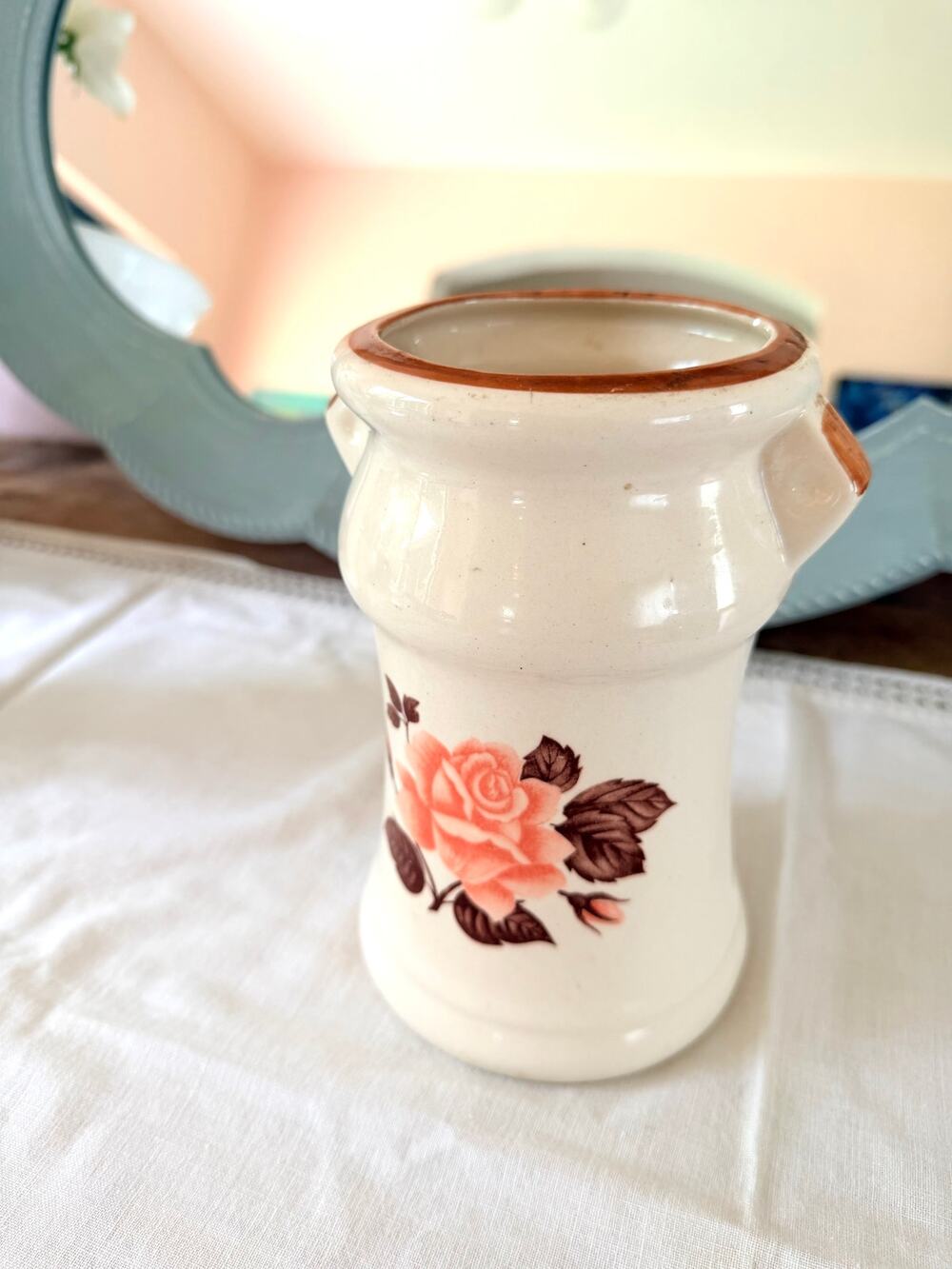 Pink Rose Ceramic Vase Utensil Crock 9 Inch English Country Cottage Vintage